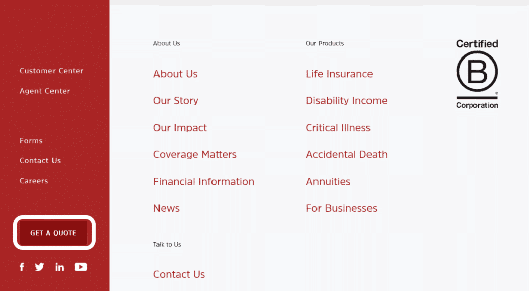 Assurity website home page Get a Quote button in footer