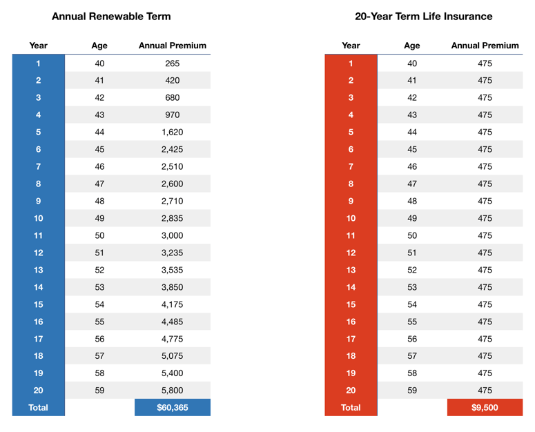 annual renewable term vs 20 year level term