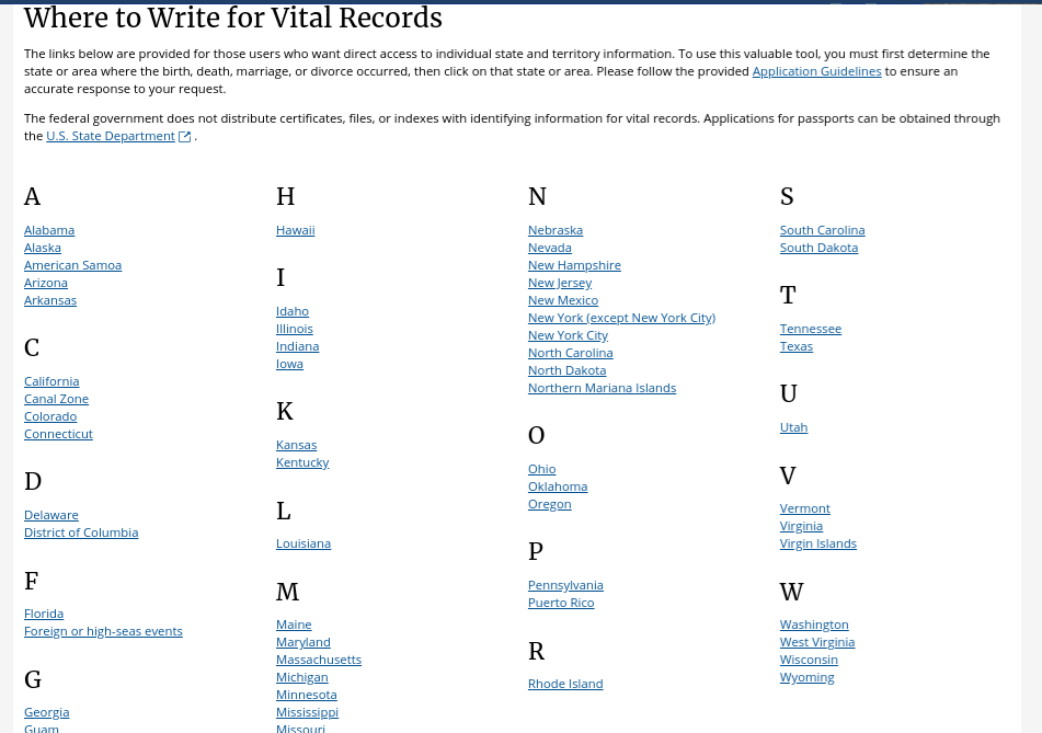 CDC Vital Records List