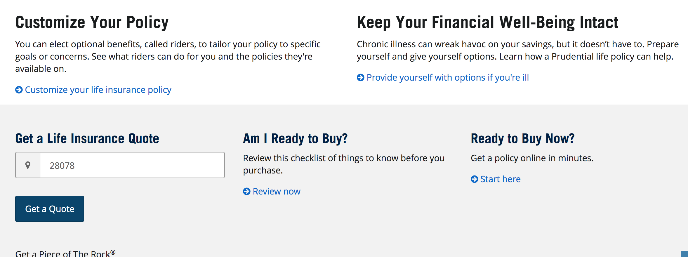Prudential website Find a Life Insurance Policy page Get a Life Insurance Quote box