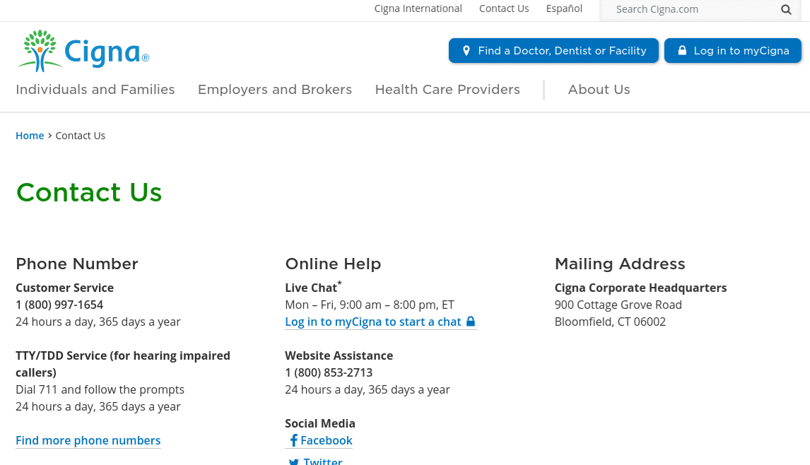 Screenshot of Cigna's contact page